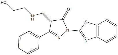 2-(1,3-benzothiazol-2-yl)-4-{[(2-hydroxyethyl)amino]methylene}-5-phenyl-2,4-dihydro-3H-pyrazol-3-one Struktur