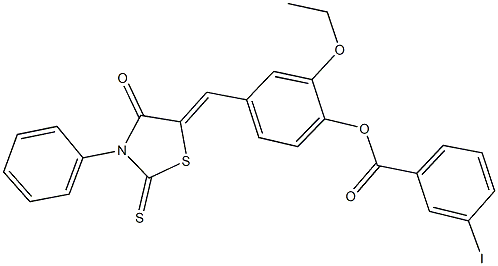 2-ethoxy-4-[(4-oxo-3-phenyl-2-thioxo-1,3-thiazolidin-5-ylidene)methyl]phenyl 3-iodobenzoate Struktur