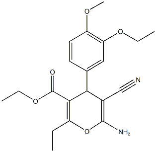 ethyl 6-amino-5-cyano-4-(3-ethoxy-4-methoxyphenyl)-2-ethyl-4H-pyran-3-carboxylate Struktur