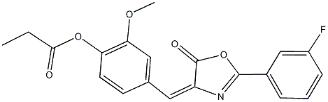 4-[(2-(3-fluorophenyl)-5-oxo-1,3-oxazol-4(5H)-ylidene)methyl]-2-methoxyphenyl propionate Struktur