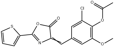 2-chloro-6-methoxy-4-[(5-oxo-2-(2-thienyl)-1,3-oxazol-4(5H)-ylidene)methyl]phenyl acetate Struktur