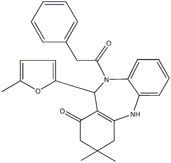 3,3-dimethyl-11-(5-methyl-2-furyl)-10-(phenylacetyl)-2,3,4,5,10,11-hexahydro-1H-dibenzo[b,e][1,4]diazepin-1-one Struktur