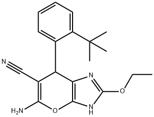 5-amino-7-(2-tert-butylphenyl)-2-ethoxy-3,7-dihydropyrano[2,3-d]imidazole-6-carbonitrile Struktur