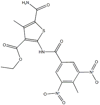 ethyl 5-(aminocarbonyl)-2-({3,5-bisnitro-4-methylbenzoyl}amino)-4-methyl-3-thiophenecarboxylate Struktur