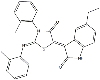 5-ethyl-3-{3-(2-methylphenyl)-2-[(2-methylphenyl)imino]-4-oxo-1,3-thiazolidin-5-ylidene}-1,3-dihydro-2H-indol-2-one Struktur