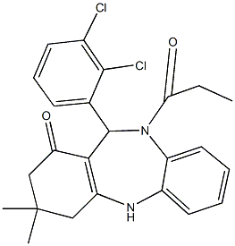 11-(2,3-dichlorophenyl)-3,3-dimethyl-10-propionyl-2,3,4,5,10,11-hexahydro-1H-dibenzo[b,e][1,4]diazepin-1-one Struktur