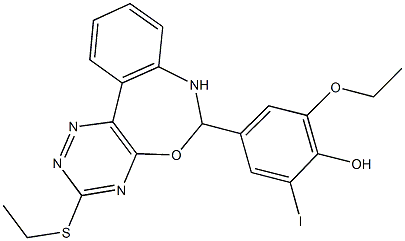 2-ethoxy-4-[3-(ethylsulfanyl)-6,7-dihydro[1,2,4]triazino[5,6-d][3,1]benzoxazepin-6-yl]-6-iodophenol Struktur