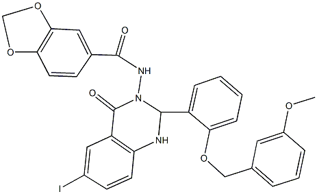 N-(6-iodo-2-{2-[(3-methoxybenzyl)oxy]phenyl}-4-oxo-1,4-dihydro-3(2H)-quinazolinyl)-1,3-benzodioxole-5-carboxamide Struktur