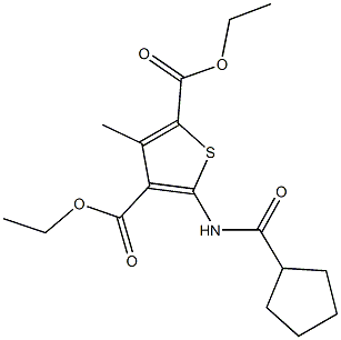 diethyl 5-[(cyclopentylcarbonyl)amino]-3-methyl-2,4-thiophenedicarboxylate Struktur