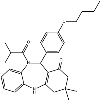 11-(4-butoxyphenyl)-10-isobutyryl-3,3-dimethyl-2,3,4,5,10,11-hexahydro-1H-dibenzo[b,e][1,4]diazepin-1-one Struktur