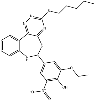 2-ethoxy-6-nitro-4-[3-(pentylsulfanyl)-6,7-dihydro[1,2,4]triazino[5,6-d][3,1]benzoxazepin-6-yl]phenol Struktur