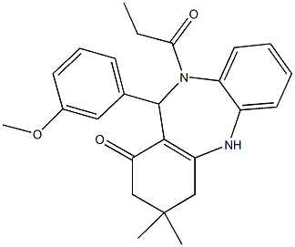 11-(3-methoxyphenyl)-3,3-dimethyl-10-propionyl-2,3,4,5,10,11-hexahydro-1H-dibenzo[b,e][1,4]diazepin-1-one Struktur