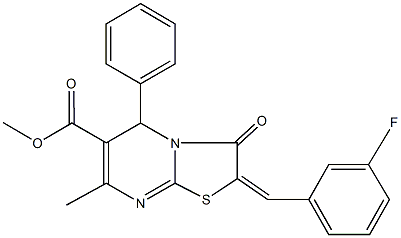 methyl 2-(3-fluorobenzylidene)-7-methyl-3-oxo-5-phenyl-2,3-dihydro-5H-[1,3]thiazolo[3,2-a]pyrimidine-6-carboxylate Struktur