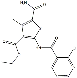 ethyl 5-(aminocarbonyl)-2-{[(2-chloro-3-pyridinyl)carbonyl]amino}-4-methyl-3-thiophenecarboxylate Struktur