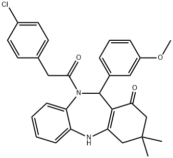 10-[(4-chlorophenyl)acetyl]-11-(3-methoxyphenyl)-3,3-dimethyl-2,3,4,5,10,11-hexahydro-1H-dibenzo[b,e][1,4]diazepin-1-one Struktur