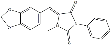 5-(1,3-benzodioxol-5-ylmethylene)-1-methyl-3-phenyl-2-thioxo-4-imidazolidinone Struktur