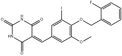 5-{4-[(2-fluorobenzyl)oxy]-3-iodo-5-methoxybenzylidene}-2,4,6(1H,3H,5H)-pyrimidinetrione Struktur