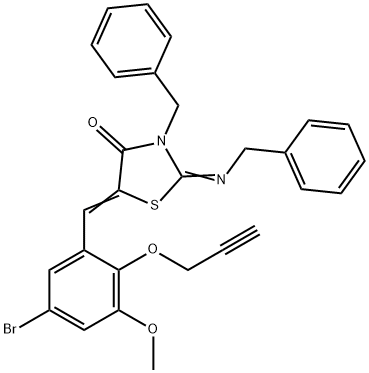 3-benzyl-2-(benzylimino)-5-[5-bromo-3-methoxy-2-(2-propynyloxy)benzylidene]-1,3-thiazolidin-4-one Struktur