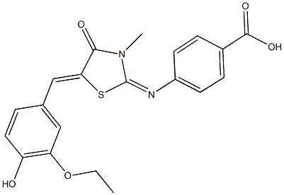 4-{[5-(3-ethoxy-4-hydroxybenzylidene)-3-methyl-4-oxo-1,3-thiazolidin-2-ylidene]amino}benzoic acid Struktur