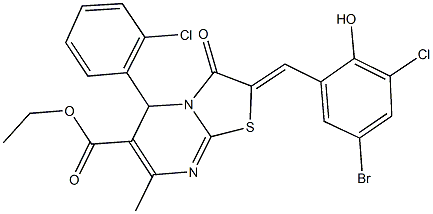 ethyl 2-(5-bromo-3-chloro-2-hydroxybenzylidene)-5-(2-chlorophenyl)-7-methyl-3-oxo-2,3-dihydro-5H-[1,3]thiazolo[3,2-a]pyrimidine-6-carboxylate Struktur