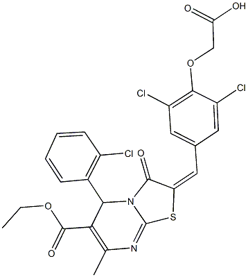 {2,6-dichloro-4-[(5-(2-chlorophenyl)-6-(ethoxycarbonyl)-7-methyl-3-oxo-5H-[1,3]thiazolo[3,2-a]pyrimidin-2(3H)-ylidene)methyl]phenoxy}acetic acid Struktur