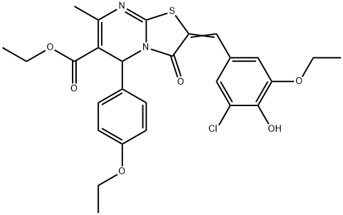 ethyl 2-(3-chloro-5-ethoxy-4-hydroxybenzylidene)-5-(4-ethoxyphenyl)-7-methyl-3-oxo-2,3-dihydro-5H-[1,3]thiazolo[3,2-a]pyrimidine-6-carboxylate Struktur