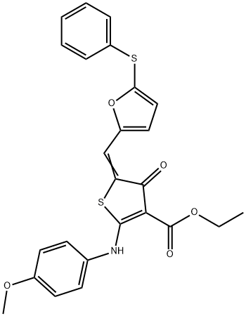 ethyl 2-(4-methoxyanilino)-4-oxo-5-{[5-(phenylsulfanyl)-2-furyl]methylene}-4,5-dihydro-3-thiophenecarboxylate Struktur