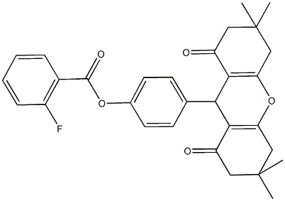 4-(3,3,6,6-tetramethyl-1,8-dioxo-2,3,4,5,6,7,8,9-octahydro-1H-xanthen-9-yl)phenyl 2-fluorobenzoate Struktur