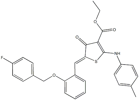 ethyl 5-{2-[(4-fluorobenzyl)oxy]benzylidene}-4-oxo-2-(4-toluidino)-4,5-dihydro-3-thiophenecarboxylate Struktur