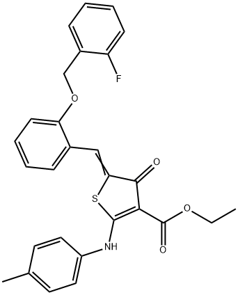 ethyl 5-{2-[(2-fluorobenzyl)oxy]benzylidene}-4-oxo-2-(4-toluidino)-4,5-dihydro-3-thiophenecarboxylate Struktur