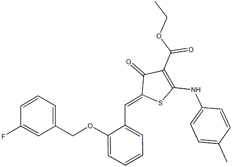 ethyl 5-{2-[(3-fluorobenzyl)oxy]benzylidene}-4-oxo-2-(4-toluidino)-4,5-dihydro-3-thiophenecarboxylate Struktur