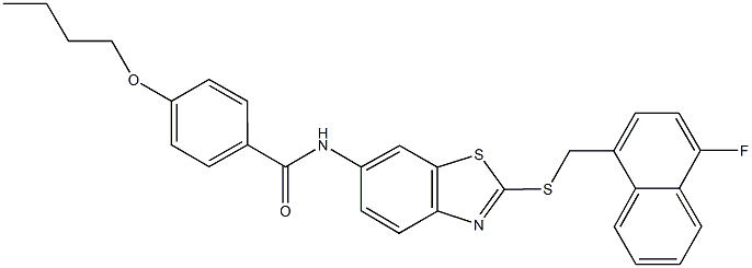 4-butoxy-N-(2-{[(4-fluoro-1-naphthyl)methyl]sulfanyl}-1,3-benzothiazol-6-yl)benzamide Struktur