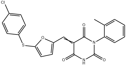 5-({5-[(4-chlorophenyl)sulfanyl]-2-furyl}methylene)-1-(2-methylphenyl)-2,4,6(1H,3H,5H)-pyrimidinetrione Struktur