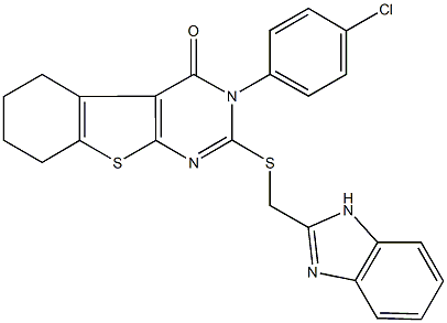 2-[(1H-benzimidazol-2-ylmethyl)sulfanyl]-3-(4-chlorophenyl)-5,6,7,8-tetrahydro[1]benzothieno[2,3-d]pyrimidin-4(3H)-one Struktur