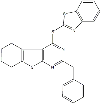 4-(1,3-benzothiazol-2-ylsulfanyl)-2-benzyl-5,6,7,8-tetrahydro[1]benzothieno[2,3-d]pyrimidine Struktur