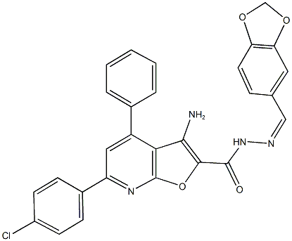 3-amino-N'-(1,3-benzodioxol-5-ylmethylene)-6-(4-chlorophenyl)-4-phenylfuro[2,3-b]pyridine-2-carbohydrazide Struktur