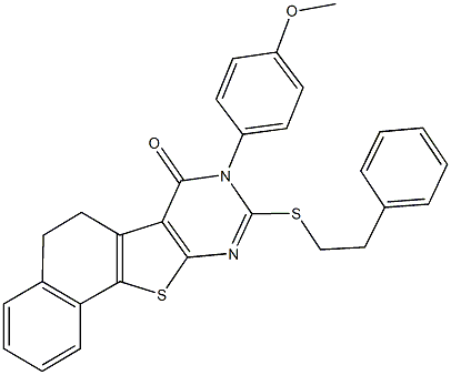 8-(4-methoxyphenyl)-9-[(2-phenylethyl)sulfanyl]-5,8-dihydronaphtho[2',1':4,5]thieno[2,3-d]pyrimidin-7(6H)-one Struktur