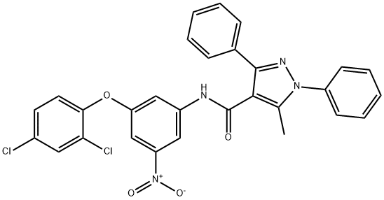 N-{3-(2,4-dichlorophenoxy)-5-nitrophenyl}-5-methyl-1,3-diphenyl-1H-pyrazole-4-carboxamide Struktur