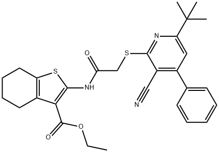 ethyl 2-({[(6-tert-butyl-3-cyano-4-phenyl-2-pyridinyl)sulfanyl]acetyl}amino)-4,5,6,7-tetrahydro-1-benzothiophene-3-carboxylate Struktur