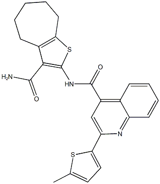 N-[3-(aminocarbonyl)-5,6,7,8-tetrahydro-4H-cyclohepta[b]thien-2-yl]-2-(5-methyl-2-thienyl)-4-quinolinecarboxamide Struktur