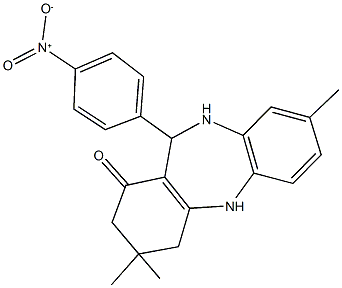 11-{4-nitrophenyl}-3,3,8-trimethyl-2,3,4,5,10,11-hexahydro-1H-dibenzo[b,e][1,4]diazepin-1-one Struktur