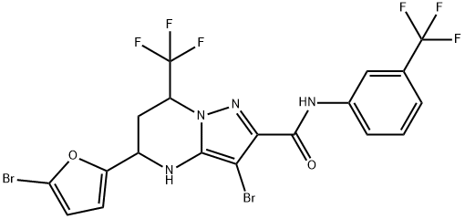 3-bromo-5-(5-bromo-2-furyl)-7-(trifluoromethyl)-N-[3-(trifluoromethyl)phenyl]-4,5,6,7-tetrahydropyrazolo[1,5-a]pyrimidine-2-carboxamide Struktur