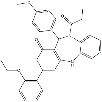 3-(2-ethoxyphenyl)-11-(4-methoxyphenyl)-10-propionyl-2,3,4,5,10,11-hexahydro-1H-dibenzo[b,e][1,4]diazepin-1-one Struktur