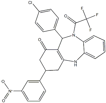 11-(4-chlorophenyl)-3-{3-nitrophenyl}-10-(trifluoroacetyl)-2,3,4,5,10,11-hexahydro-1H-dibenzo[b,e][1,4]diazepin-1-one Struktur