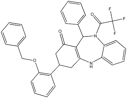 3-[2-(benzyloxy)phenyl]-11-phenyl-10-(trifluoroacetyl)-2,3,4,5,10,11-hexahydro-1H-dibenzo[b,e][1,4]diazepin-1-one Struktur