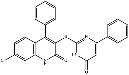 7-chloro-3-[(4-hydroxy-6-phenyl-2-pyrimidinyl)sulfanyl]-4-phenyl-2-quinolinol Struktur