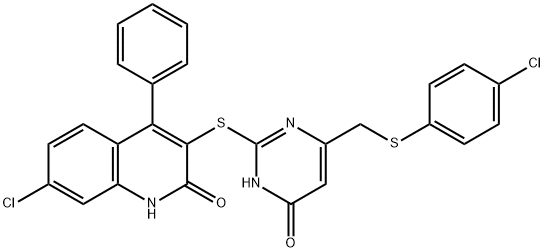 2-[(7-chloro-2-hydroxy-4-phenyl-3-quinolinyl)sulfanyl]-6-{[(4-chlorophenyl)sulfanyl]methyl}-4(1H)-pyrimidinone Struktur