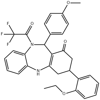 3-(2-ethoxyphenyl)-11-(4-methoxyphenyl)-10-(trifluoroacetyl)-2,3,4,5,10,11-hexahydro-1H-dibenzo[b,e][1,4]diazepin-1-one Struktur