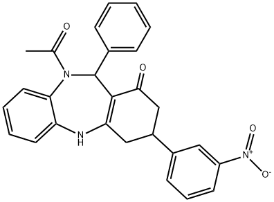 10-acetyl-3-{3-nitrophenyl}-11-phenyl-2,3,4,5,10,11-hexahydro-1H-dibenzo[b,e][1,4]diazepin-1-one Struktur