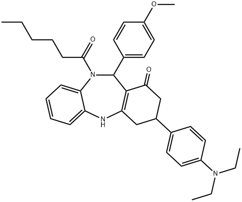 3-[4-(diethylamino)phenyl]-10-hexanoyl-11-(4-methoxyphenyl)-2,3,4,5,10,11-hexahydro-1H-dibenzo[b,e][1,4]diazepin-1-one Struktur